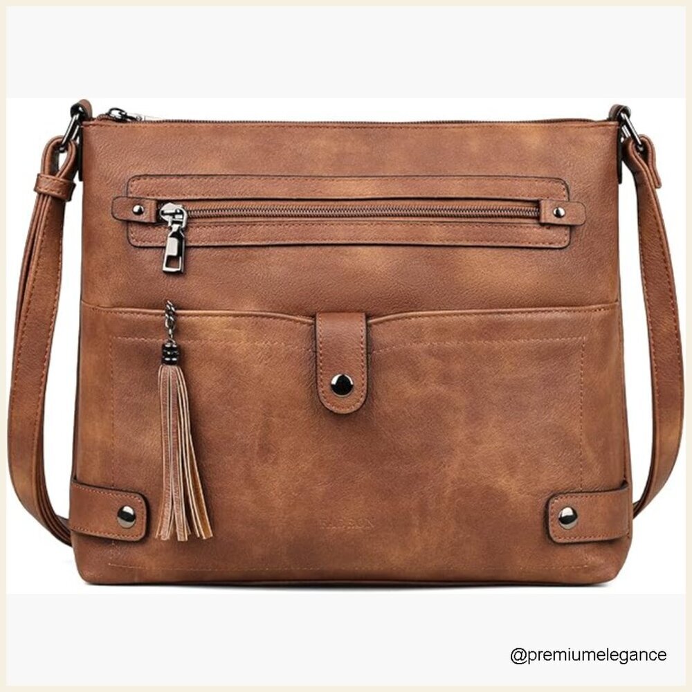 Large Faux Leather Crossbody Bag with 7 Pockets Adjustable Strap